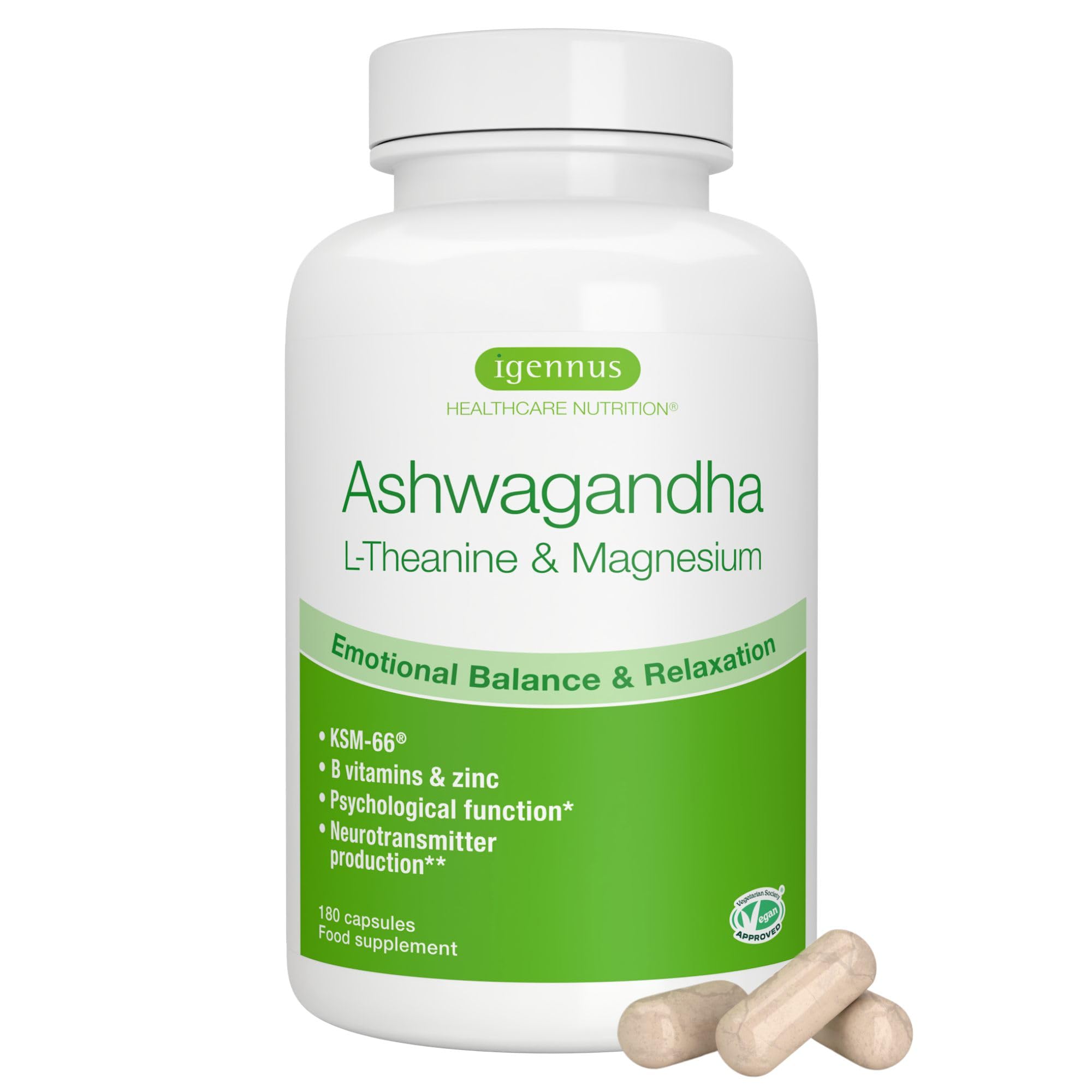 Igennus Ashwagandha KSM-66 Complexe avec L-Théanine & Magnésium Pur Extrait de R