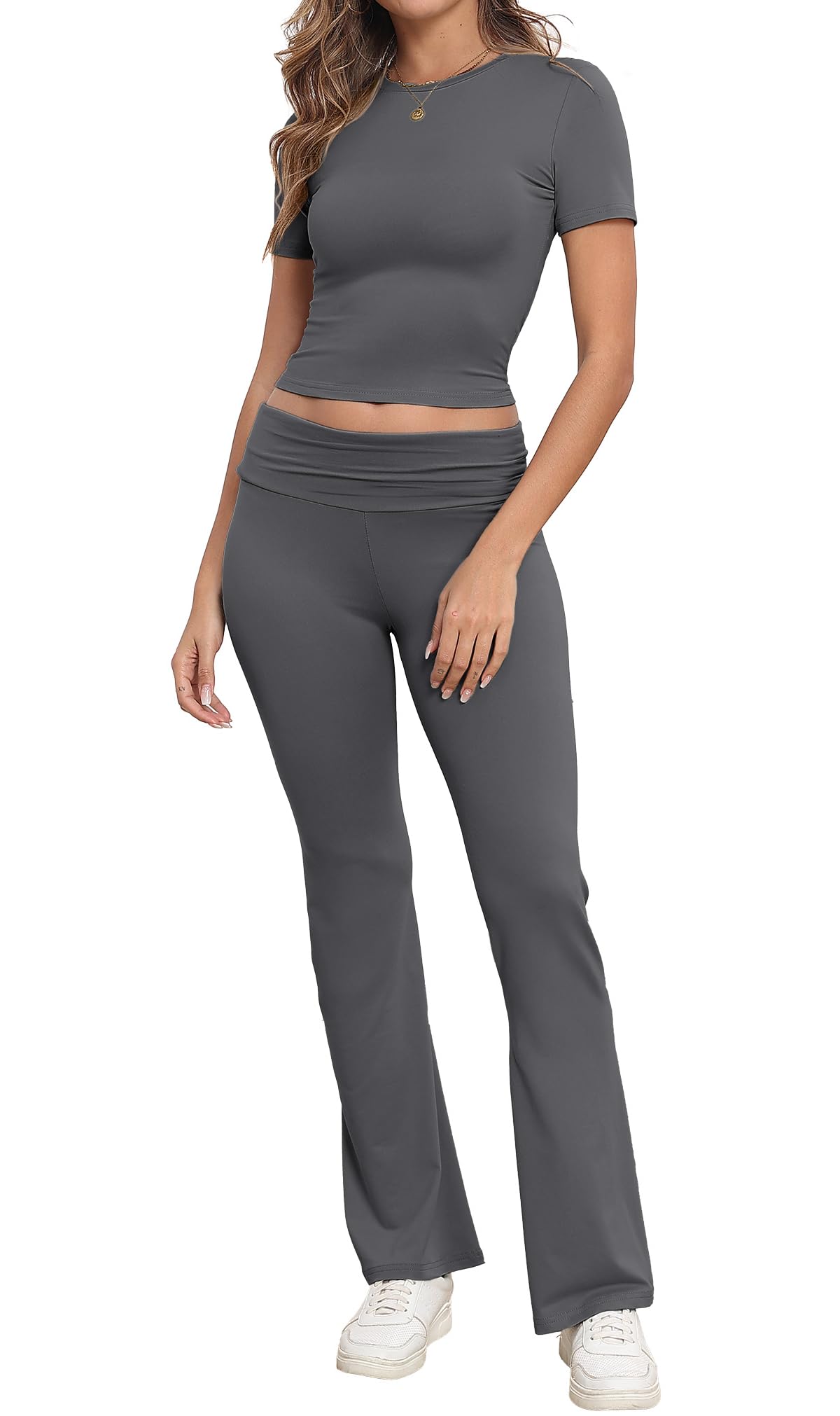 IWOLLENCE Lounge Set Damen Zweiteiler Hausanzug Kurzarm Oberteil mit Breitem Elastischem Hosenbund Schlaghose Loungewear Set