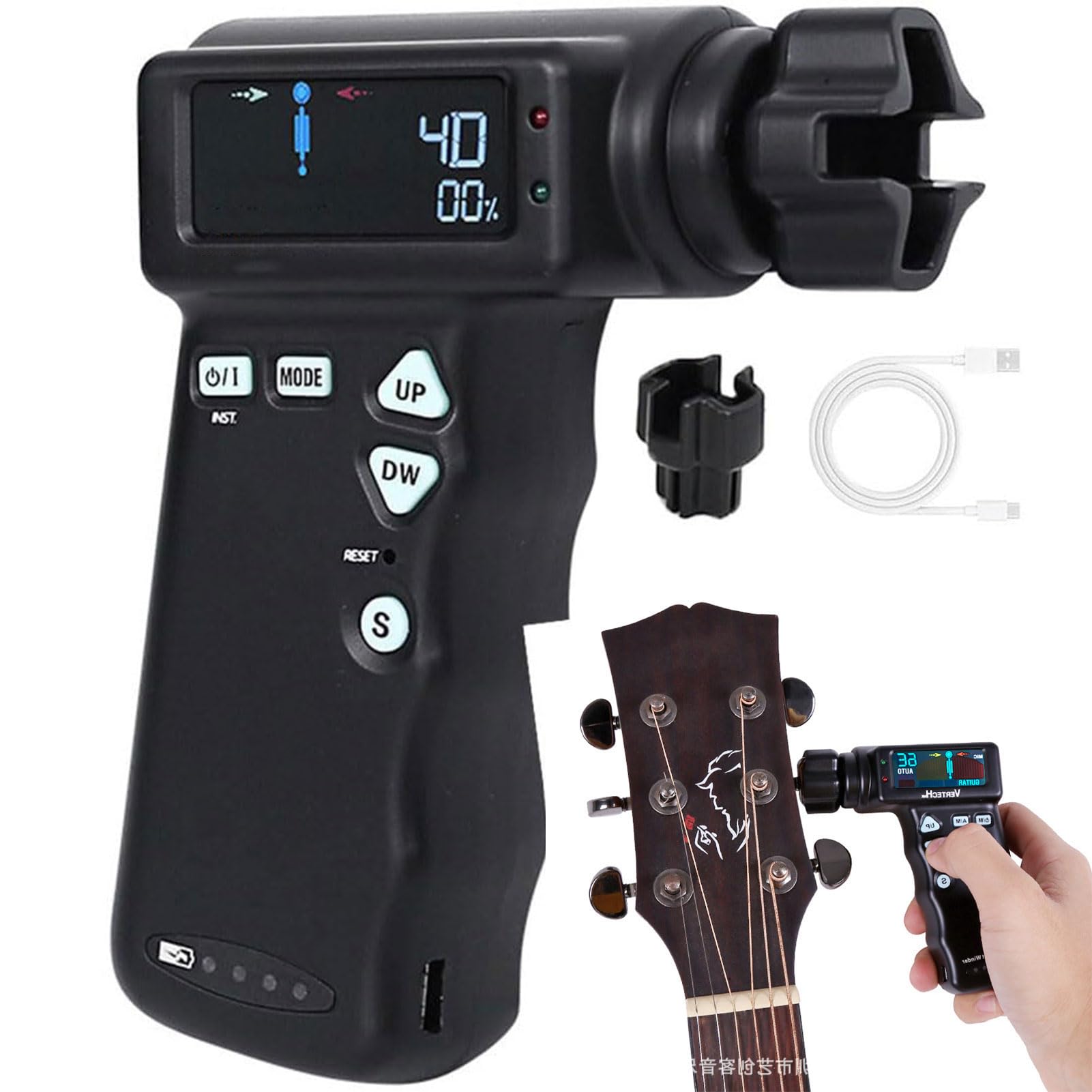 Accordatore per chitarra intelligente, accordatore automatico professionale per chitarra elettrica con modalità di accordatura multiple, display LCD colori, batteria litio incorporata 2600 mAh black