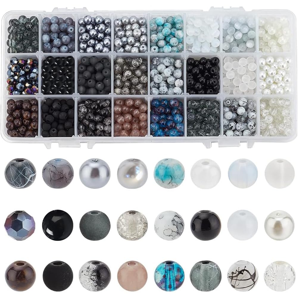 PH PandaHall 1440pcs Black White Glass Beads for Jewelry Making, 24 Color 6mm Round Spacer Loose Beads Craft Beads for Eid Mubarak Ramadan Decoration Bracelets Necklaces Earring Making