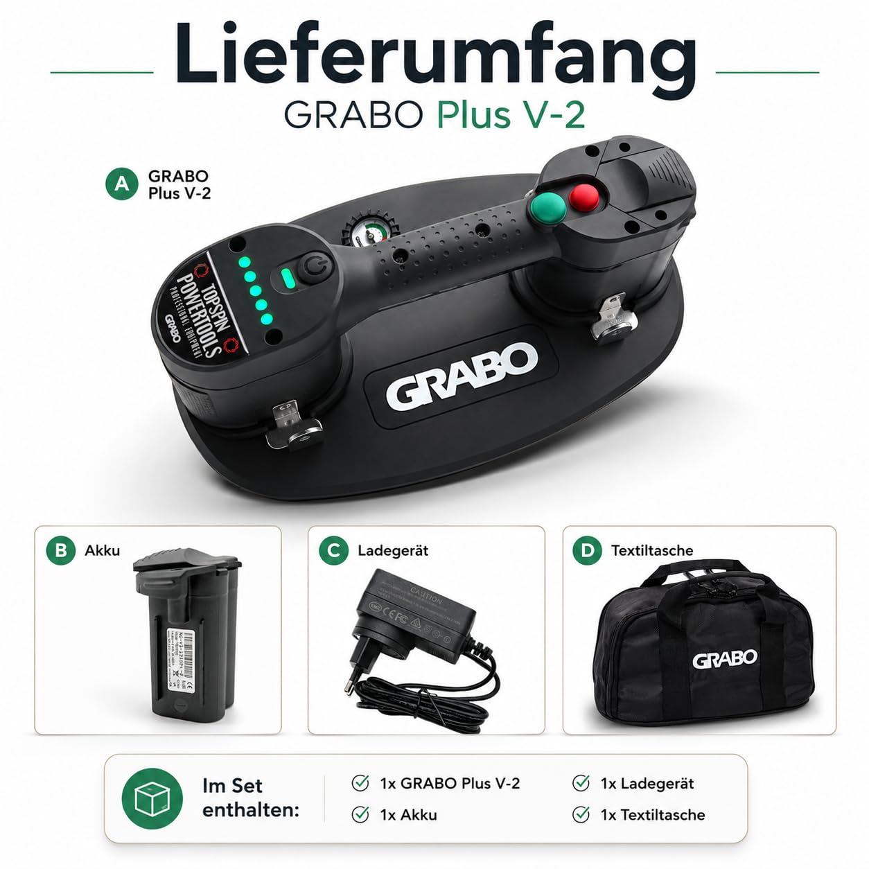 NEMO GRABO Plus V2-Neue Version des Akku Vakuum Saugheber, Maximale Hebekapazität 120 kg, Neues ergonomisches Design, Dauerhaftes Saugen, Inklusive Manometer in Textiltragetasche. Kein Auto-Nachsaugen