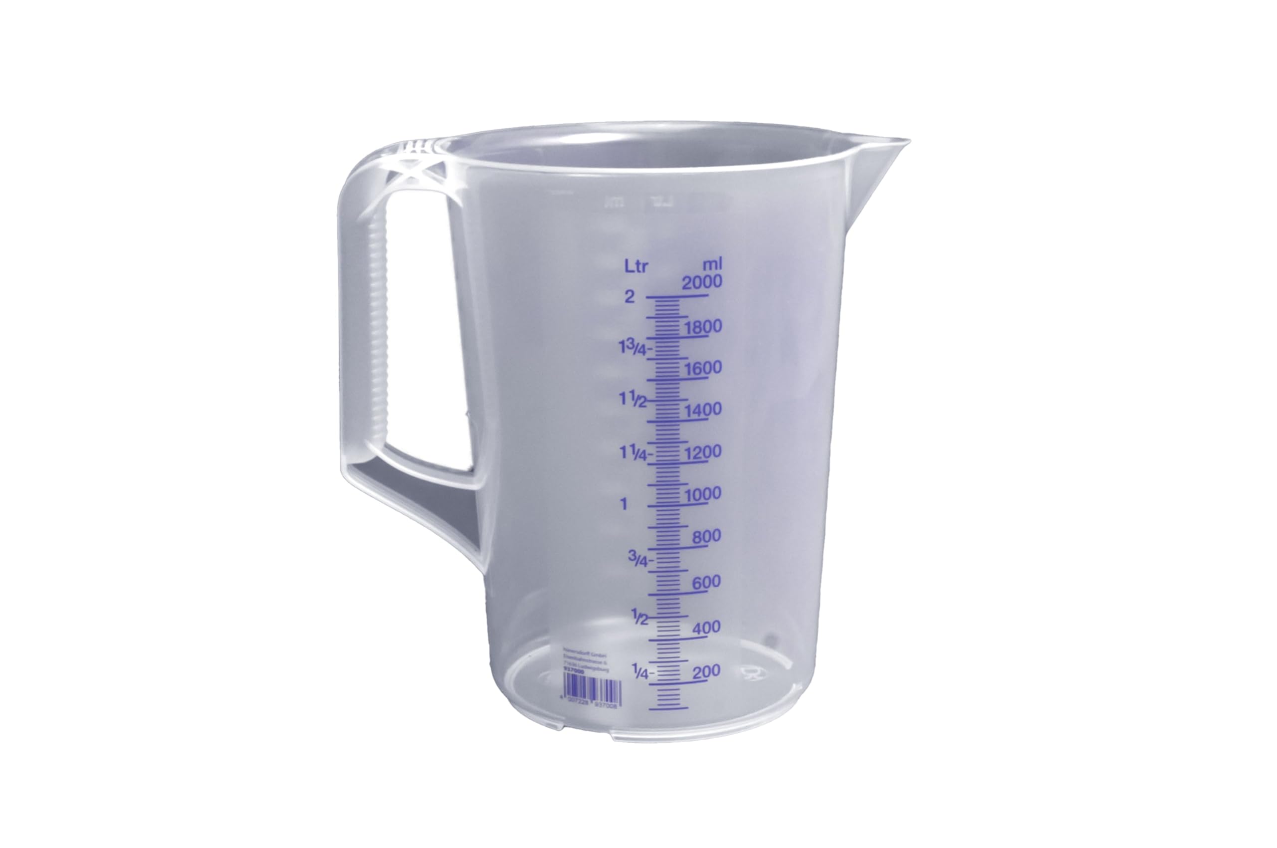 hünersdorff Messbecher 2l | Polypropylen (PP) | bruchsicher und spülmaschinengeeignet | geschlossener Griff | blaue Skala, Transparent+blau