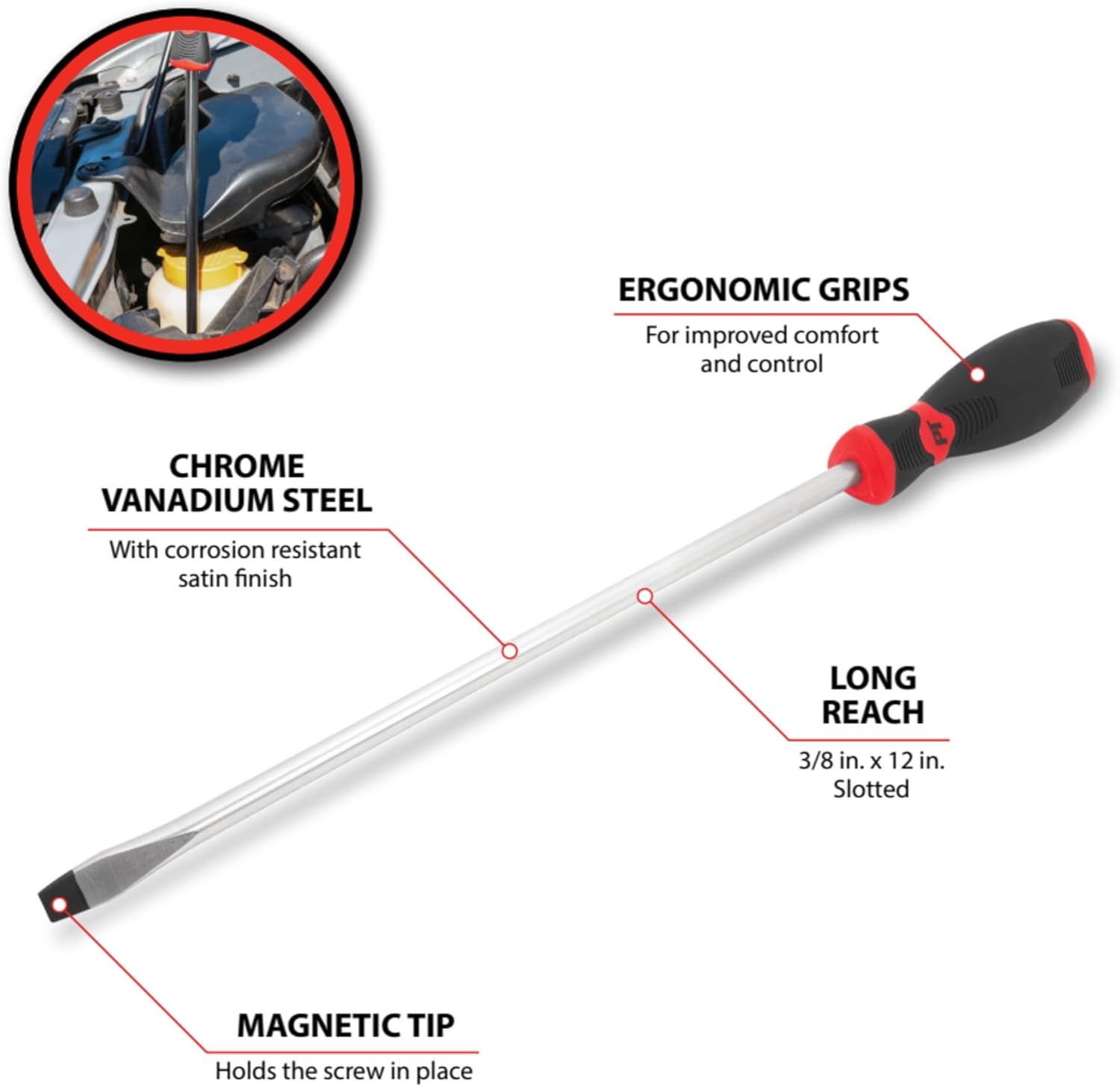 Performance Tool W30983 Black & Red Slotted Screwdriver, 3/8" x 12"
