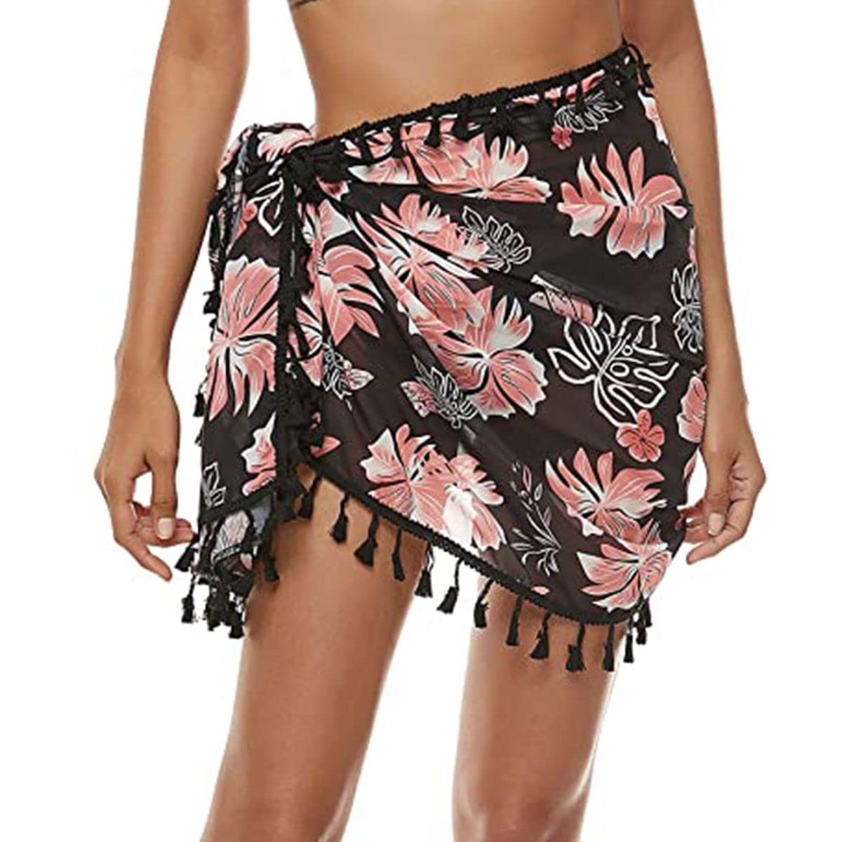 TBSCWYF Faldas Cruzadas de Playa para Mujer Delantal Corto con Flecos Sarong Traje de baño de Gasa Cubiertas Bikini Wrap Pareo de Playa para Mujer Diseños Lisos con Pasador de Coco