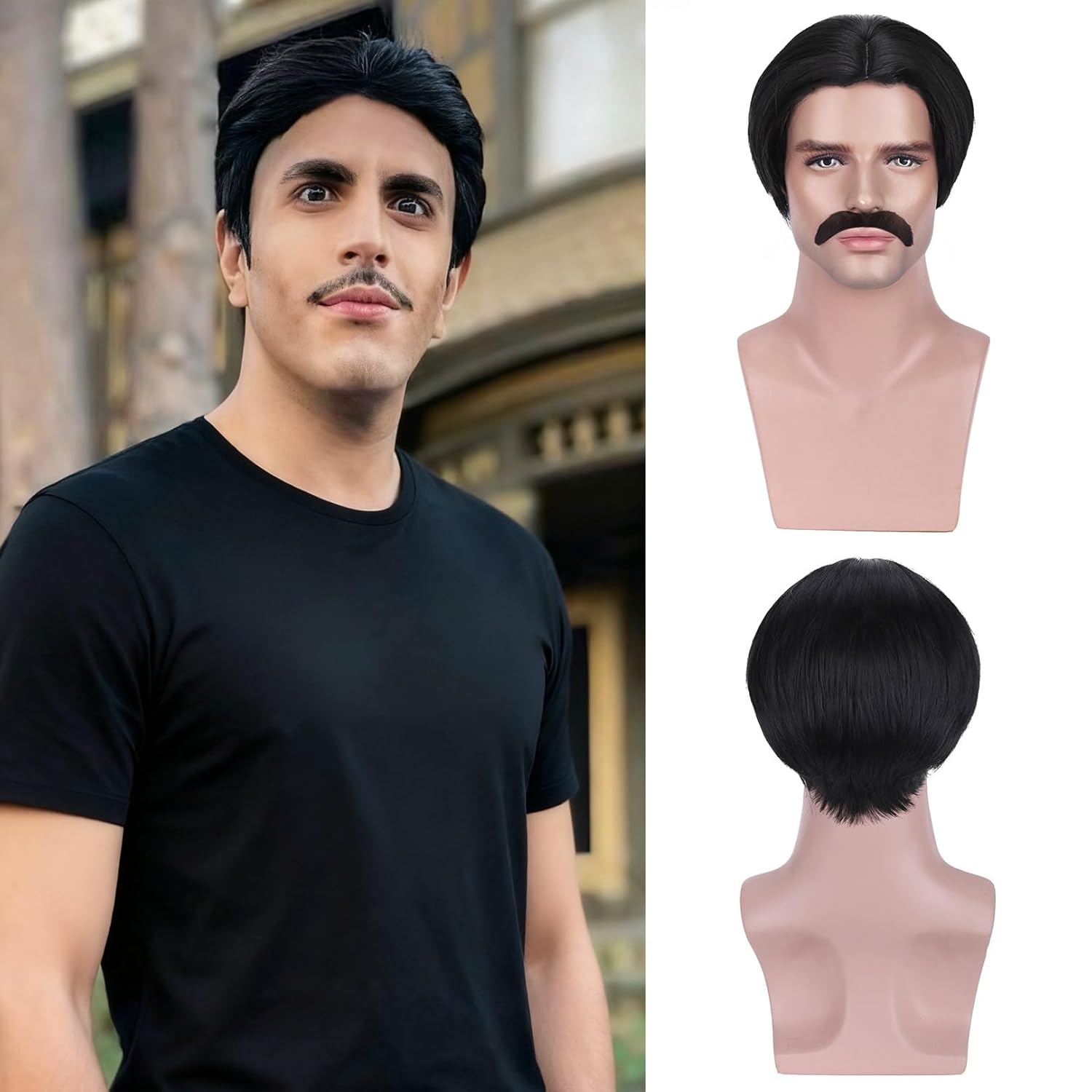 BERON Men Black Short Wigs with Mustache for Boys Halloween Costume Cosplay Party Hair Wigs