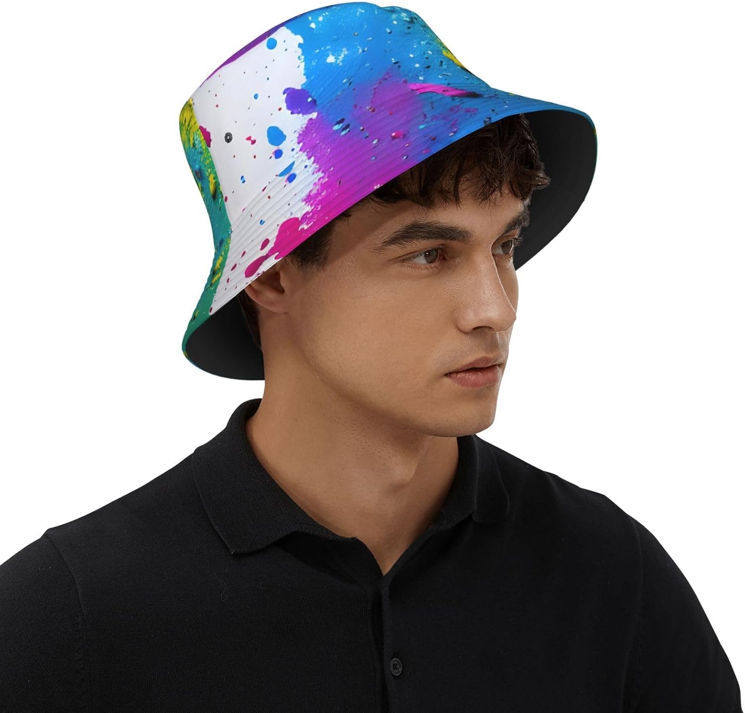 Paint Splatter Backdrop Print Bucket Hat for Men Women,Fun Sun Hats,Fisherman Outdoor Summer Travel Hiking Cap Black