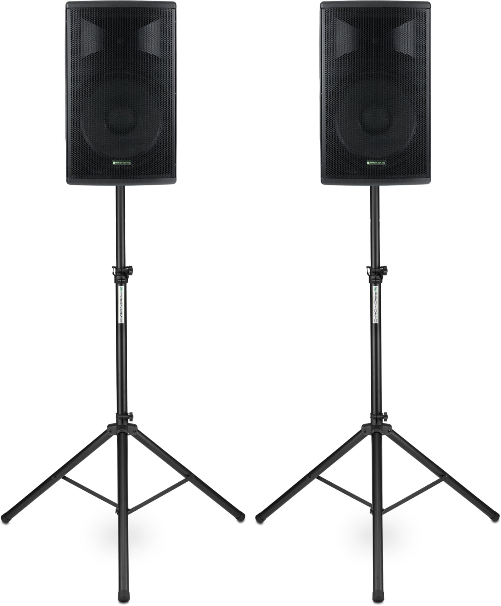 Pronomic E-215 MA Stative Set - 2 aktive 2-Wege Boxen - Leistung: 2X 120 Watt (RMS) - 15" Woofer + 1,0" Kompressions-Treiber - Bluetooth - MP3-Player mit USB/SD - Monitorschräge - inkl. Stative