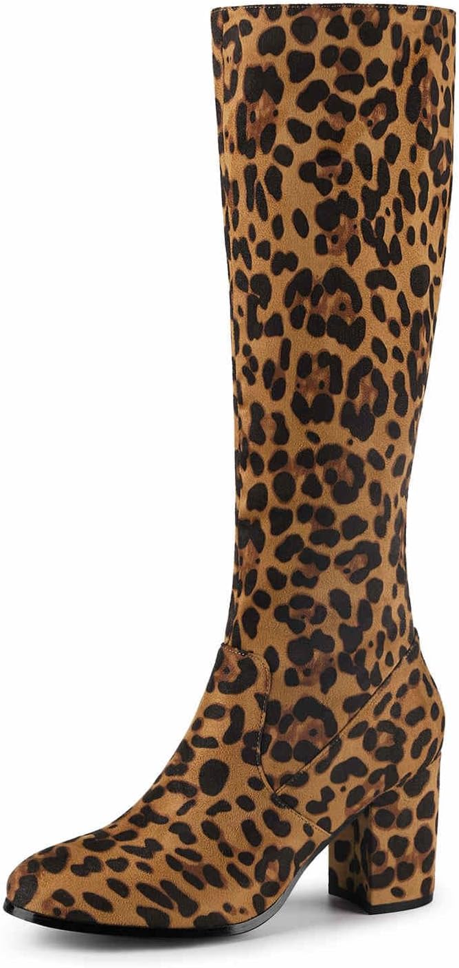 Allegra K Women's Side Zipper Chunky Heel Knee High Leopard Boots 6.5 M US -