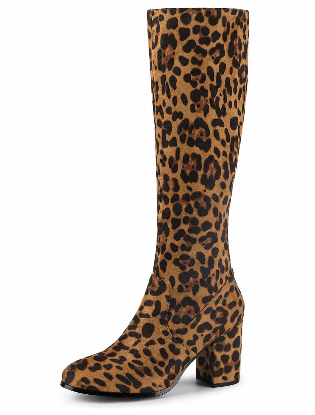 Allegra K Womens Side Zipper Chunky Heel Knee High Leopard Boots 9 M US -