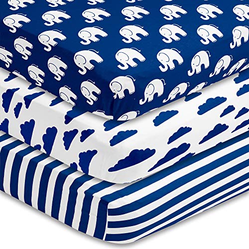 BaeBae Goods Fitted Baby Crib Sheets for Boys and Girls, 3 Pack, Soft and Breathable Jersey Cotton, Navy and White, Cute Gender Neutral Nursery Mattress Bedding, Universal Fit