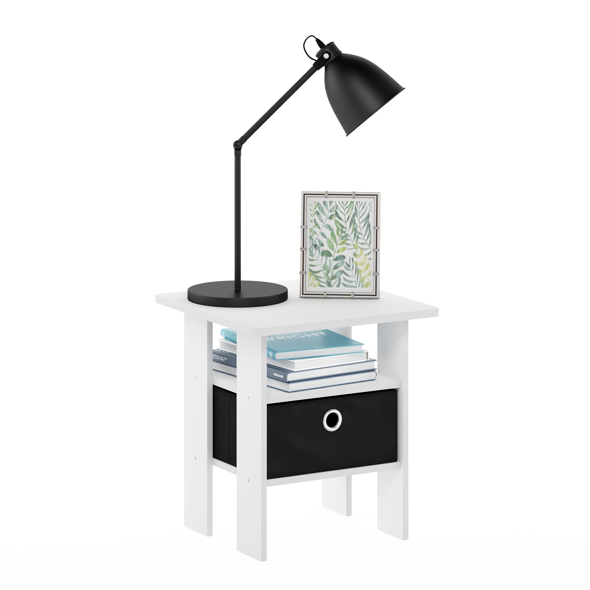 Furinno Andrey tavolino comodino con cassetto portaoggetti, Bianco/Nero | Mensole aperte e cestino, comodino, per soggiorno, camera da letto