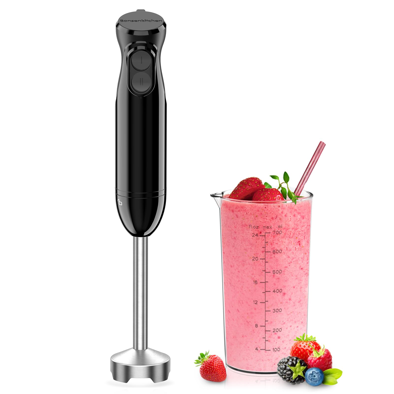 BonsenKitchen Batidora de mano, batidora de inmersión 2 en 1 de mano,vaso de precipitados de 700 ml para hacer alimentos para bebés, batidos, sopas, (negro)