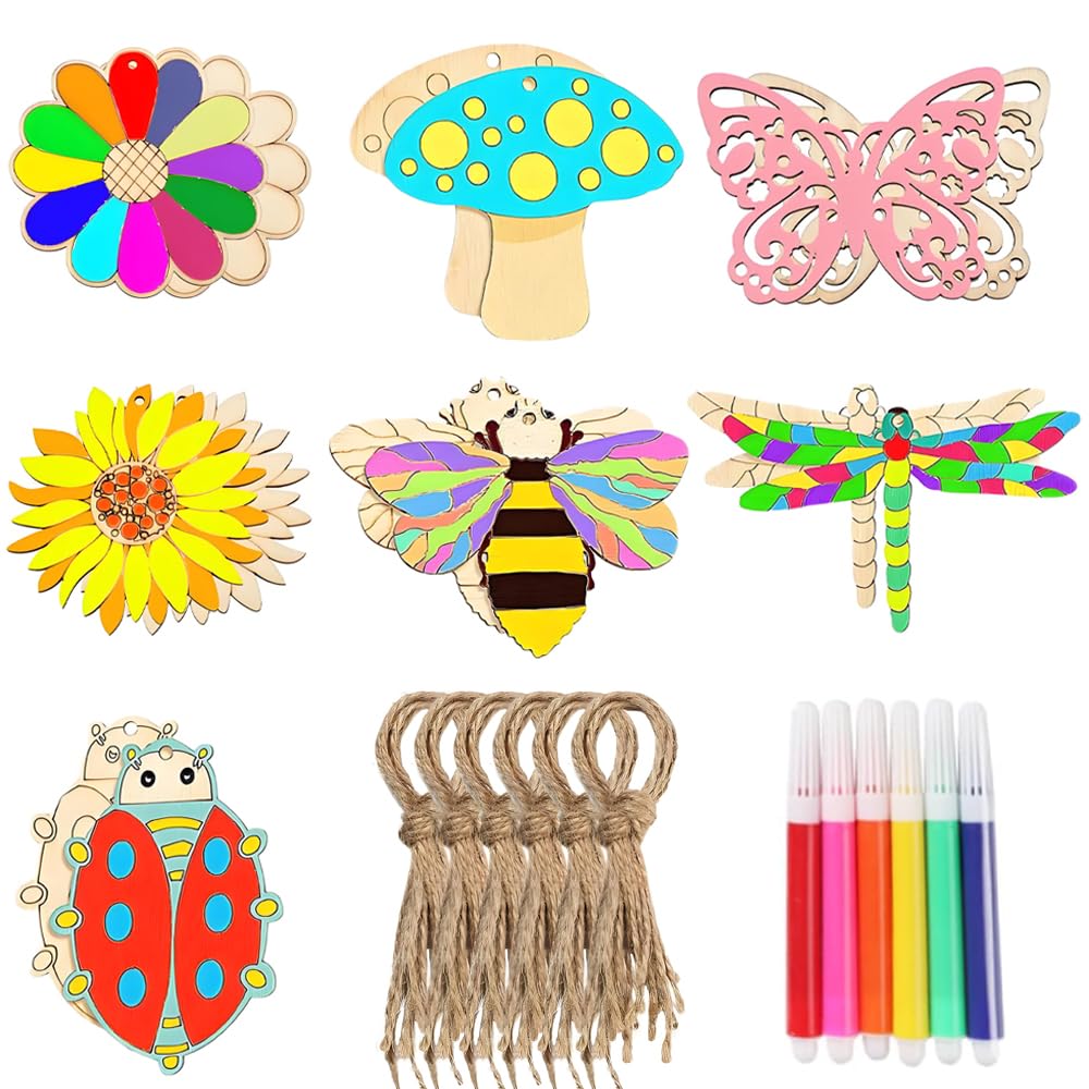 Wooden Craft Shapes, 60 PCS Pyrography Wood Blanks, Spring Wood Cutouts Unfinished Blank Wooden Slices with Drawing Pen Twine for Painting DIY Projects Craft Decoration