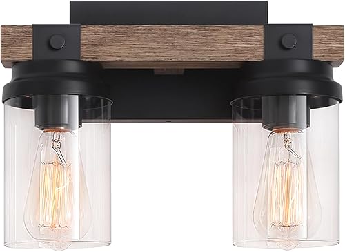 Miniatura 8 de Lámpara de tocador de baño de madera, 2 luces de granja sobre el espejo, accesorios de iluminación de madera rústica, apliques de pared vintage para