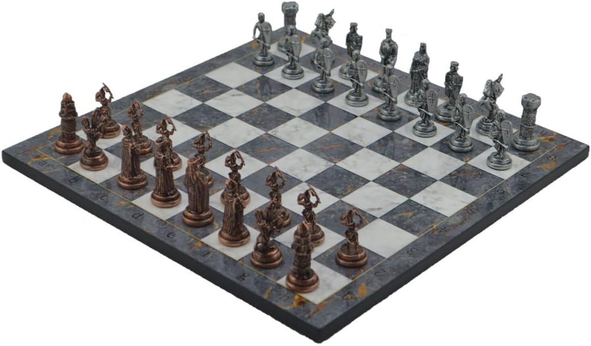 Metal Chess Set for Adults Medium Ottoman vs Byzantine Antique Copper Figures,Handmade Pieces and Different Design Wooden Chess Board (Gray Marble)