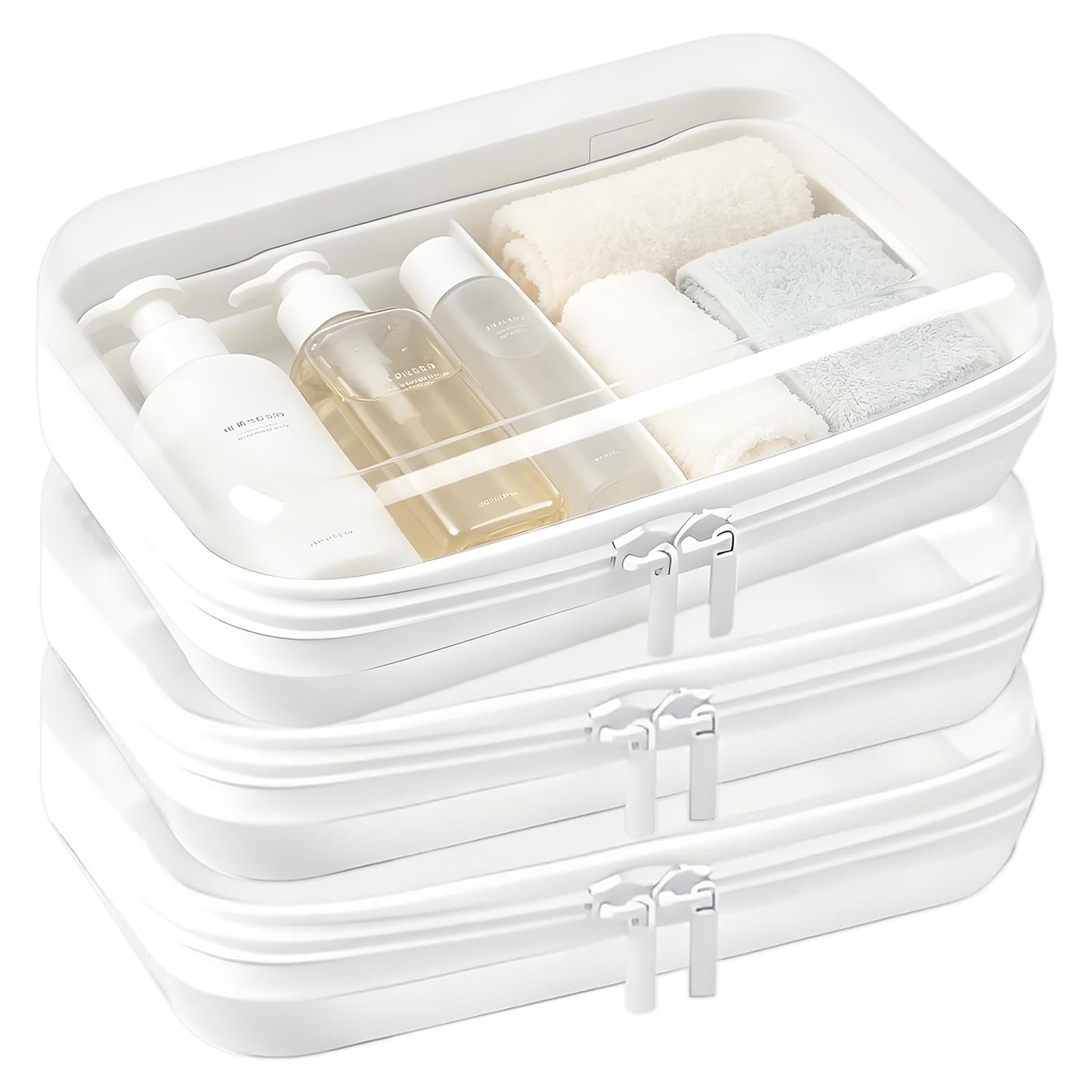 3 Pcs Transparent Hard Shell Toiletry Bag, Clear Hard Shell Zipper Case,Makeup Bags with Zipper for Toys Travel Waterproof Double Zippers Toy Bag for Board Games, Building Blocks, Puzzles.