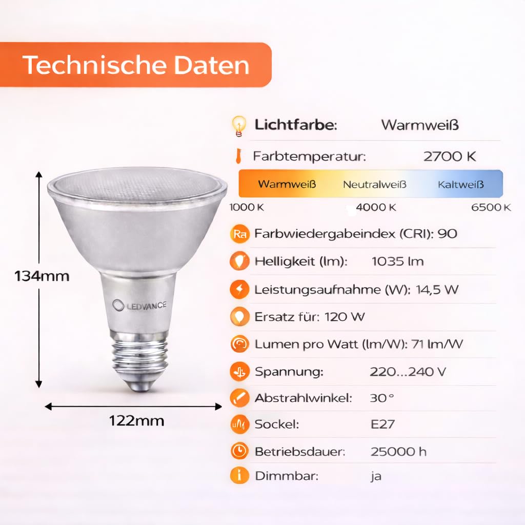 LEDVANCE 6x LED PAR38 Reflektorlampe, Warmweiß, 14,5W, E27, Dimmbar, 1035 lm, 30° Abstrahlwinkel, 120W Ersatz, 220-240V 6er SPARPACK