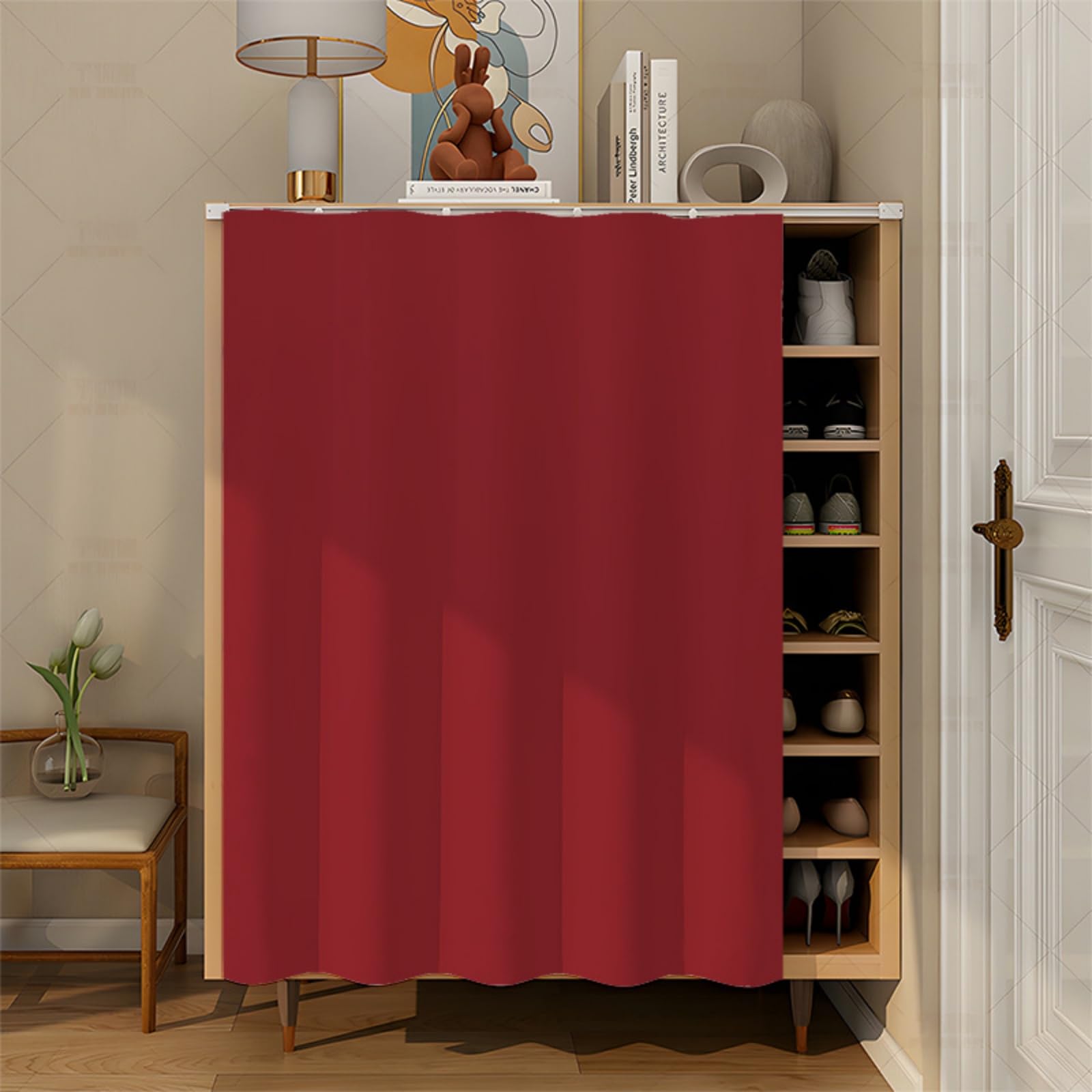 Fasbuy Cupboard Short Curtains Kitchen with Hook and Loop, Hide Away Small Curtains for Kitchen Cupboard Door - No Drilling Is Required for Under Sink, Bookcase, Bathroom (Burgundy,H90x80cm)