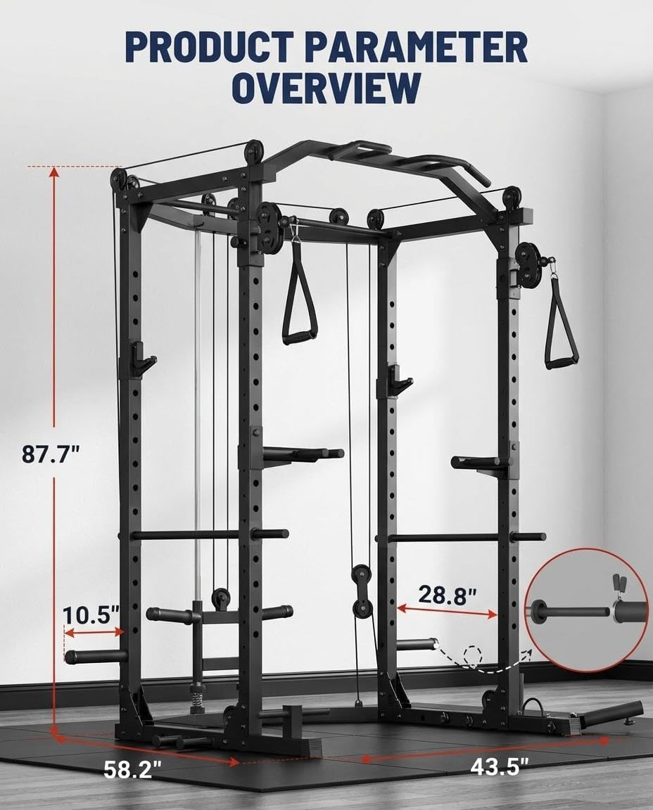 Power Cage for Home Gym with Dual Pulley Cable System, 1600LB Squat Rack, Multi-Functional Squat Cage with LAT Pulldown & Attachments, Weight Cage for Strength Workout