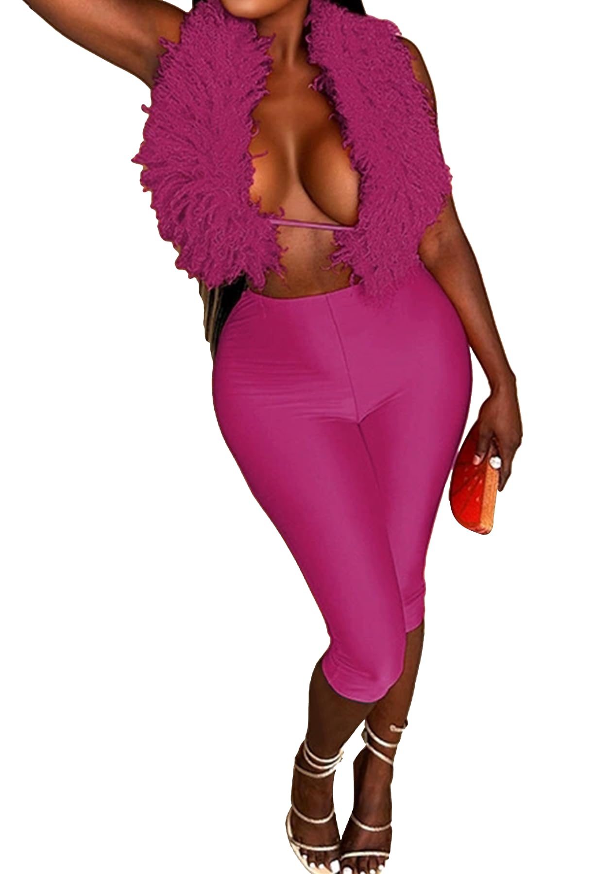 Ecirod Womens Sexy 2 Piece Outfits Fluffy Backless Fur Feather Halter Crop Top Capri Pants Sets Club Party