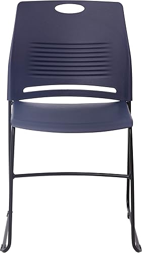 Miniatura 7 de BizChair Silla apilable de plástico azul marino de grado comercial de 660 libras con marco base de trineo recubierto de polvo negro y asa de