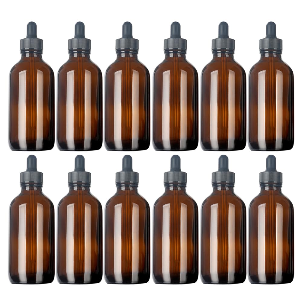 Magic Season Amber Boston Round Glass Bottles (Amber/ 120 Ml With Dropper/ 12 Pcs)
