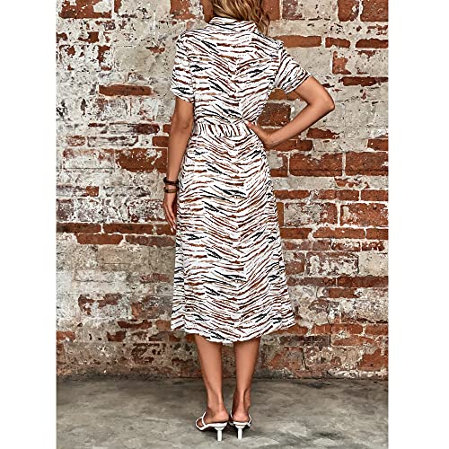 Image of BROVAVE Women's 2026 Summer Short Sleeve Work Dresses Tie Waist Button Down Animals Print Midi A-Line Shirt Dress