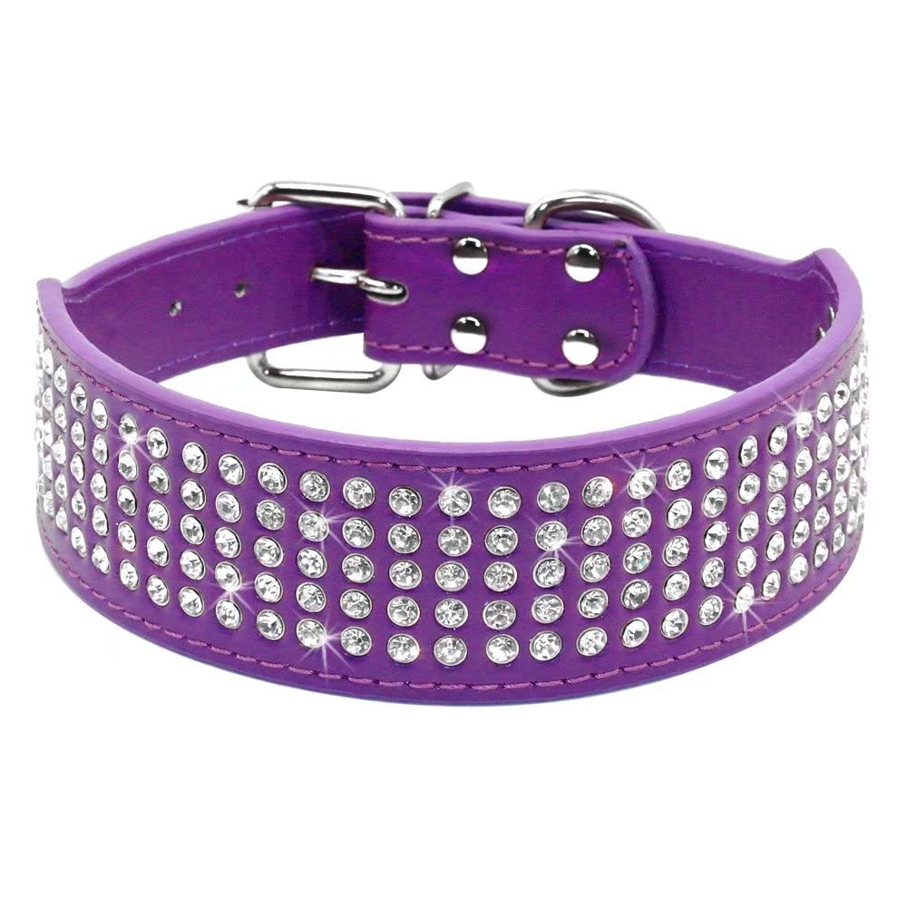 Berry Pet Rhinestones Dog Collars - 2 Inch Wide & 5 Rows Full Sparkly Crystal Diamonds Studded PU Leather - Beautiful Bling Pet Appearance for Medium