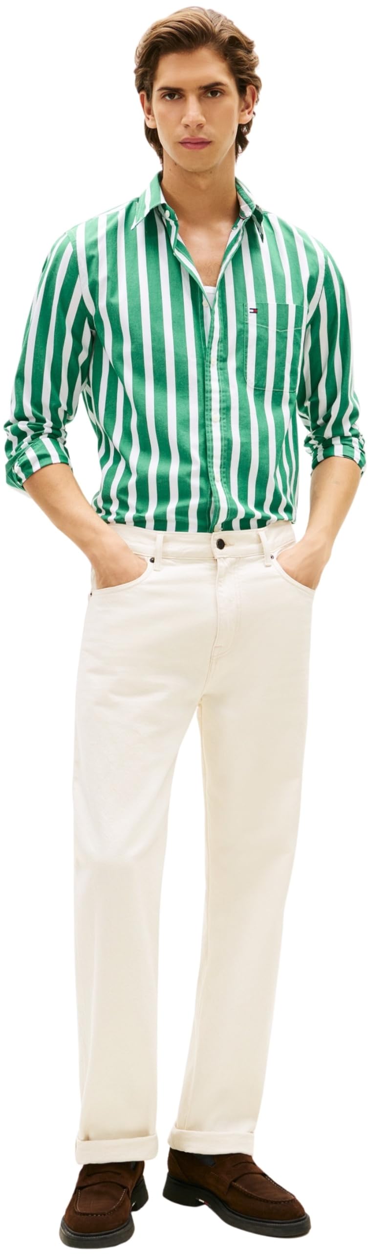 Tommy Hilfiger Męska koszula Flex POPLIN Bold Stripe MW0MW41715 L/S, zielona, XL, Zielony (Nouveau Green/Stripe), XL