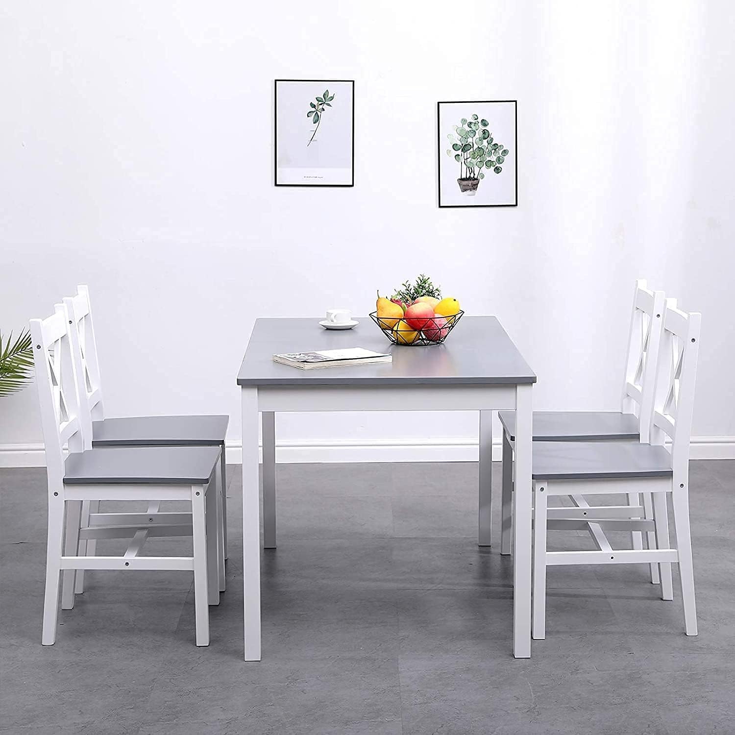SogesPower Set da Pranzo per 4 Persone, Tavolo da Pranzo con 4 Sedie, Tavolo da Cucina in Legno, Tavolo da Pranzo e Sedie, Set di Mobili Salvaspazio per Cucina e Soggiorno, Grigio/Bianco