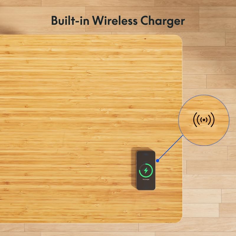 Smartphone wirelessly charging on the FLEXISPOT Q8 desk's integrated charging pad.