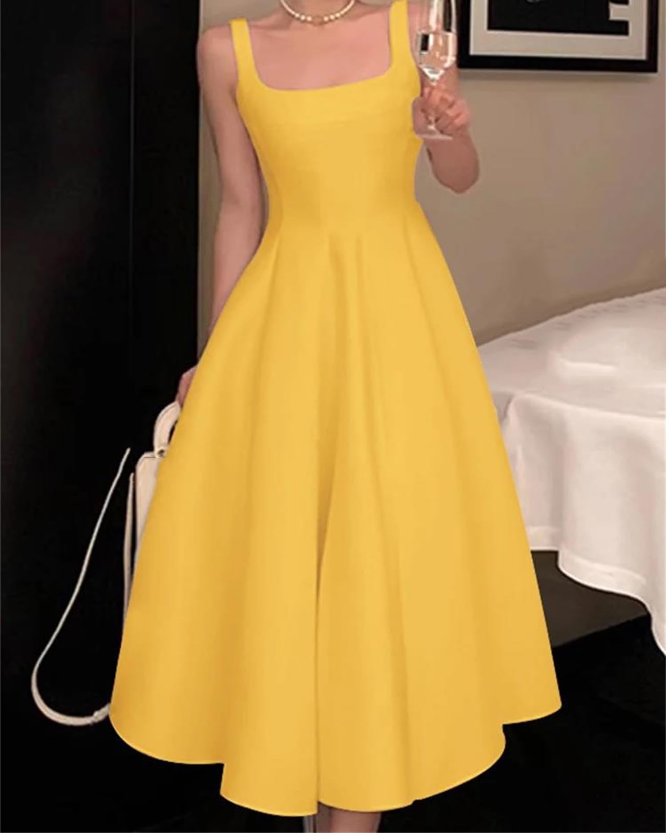 Abito da donna senza maniche vintage tinta unita A-Line abiti estivi con vita abito casual con colletto quadrato abito midi