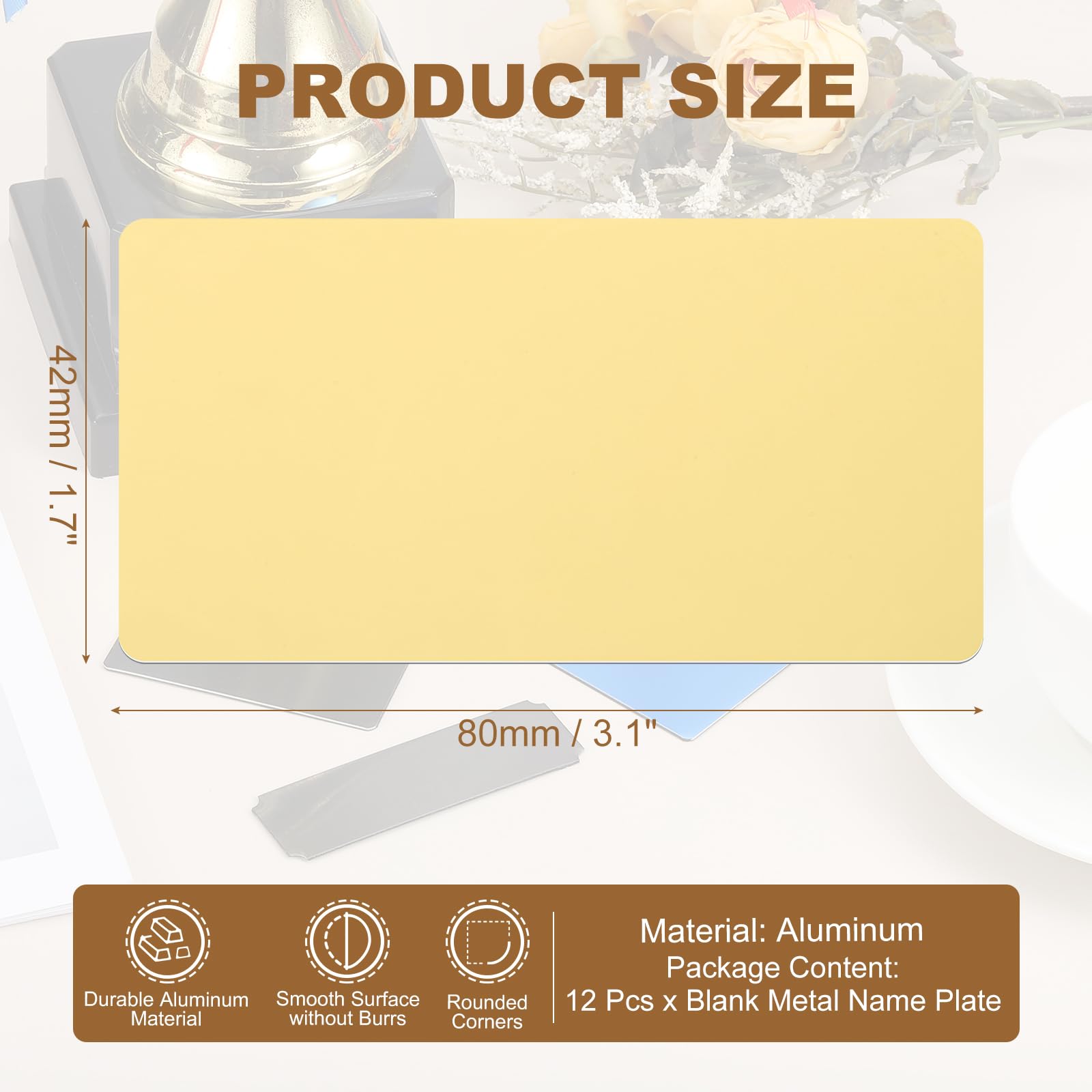 QUARKZMAN 12Pcs Placas Identificación Blanco, 3.1 X 1.7" Placa Nombre Metal Grabada Con laser Adhesivo Fuerte Nombre Aluminio Anodizado Personalizable Para Dorado