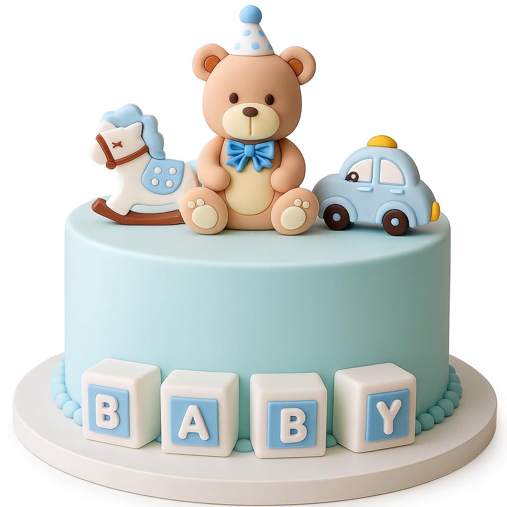 7Pcs Baby Shower Cake Topper Set, Blue Teddy Bear, Rocking Horse, Toy Car & BABY Letter Cubes