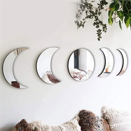 N-B 5 piezas de espejo acrílico extraíble, estilo nórdico, espejo decorativo de madera de fase lunar, espejo de pared para decoración del hogar,