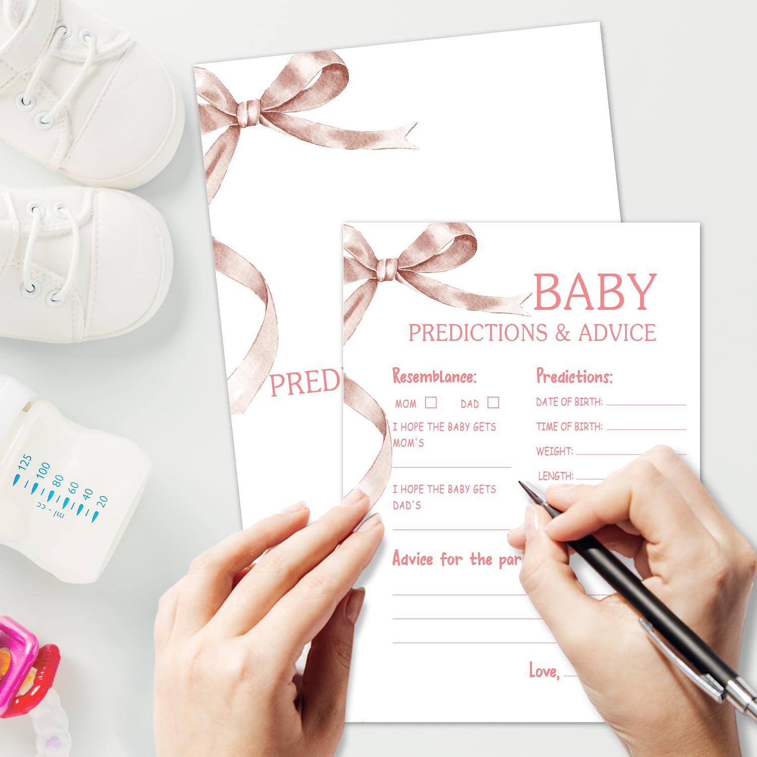 Przewidywania i porady dla dzieci Baby Shower zestaw do gier, 30 kart do gier z różową kokardą, karty do gier do ogłoszenia dziecka, ujawnienie płci, artykuły na baby shower i zajęcia - P09