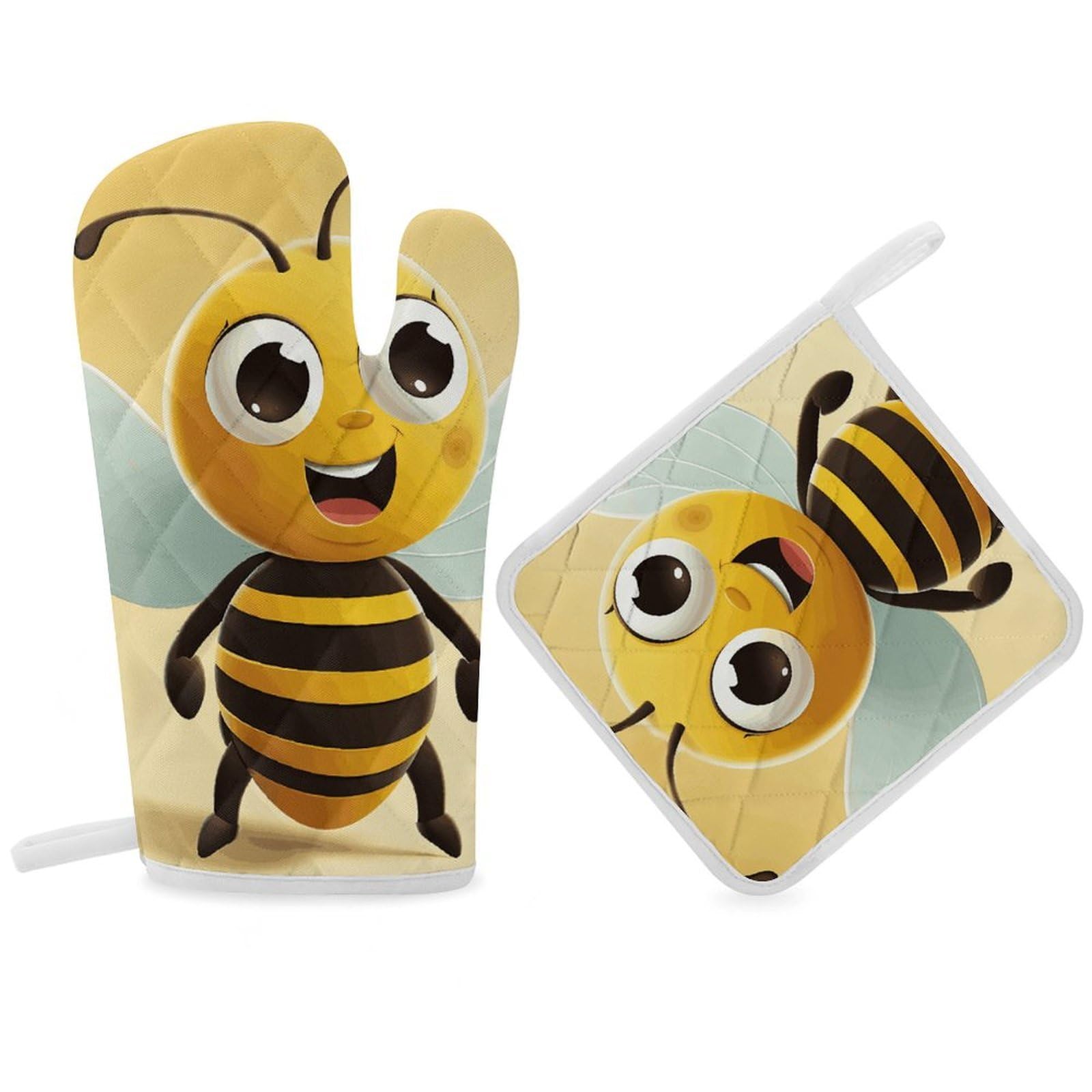 Cartoon Bee Oven Mitt Thick Substantial Heat Insulation Gloves Soft Skin-Friendly Temperature Resistant Oven Mitts for Cooking Lover Cooks