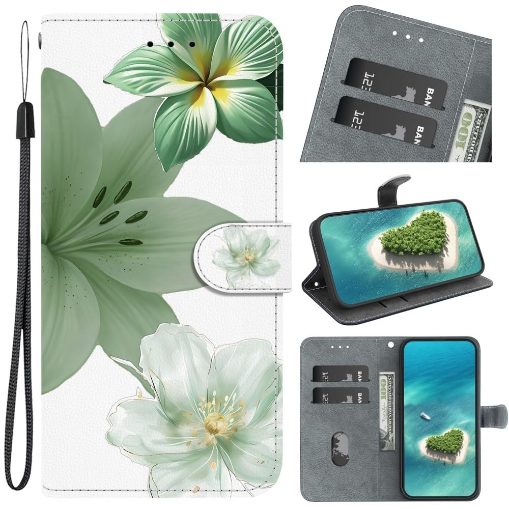 Generic Étui compatible avec Google Pixel 4A 5G (motif : lys vert) étui portefeuille en cuir à rabat