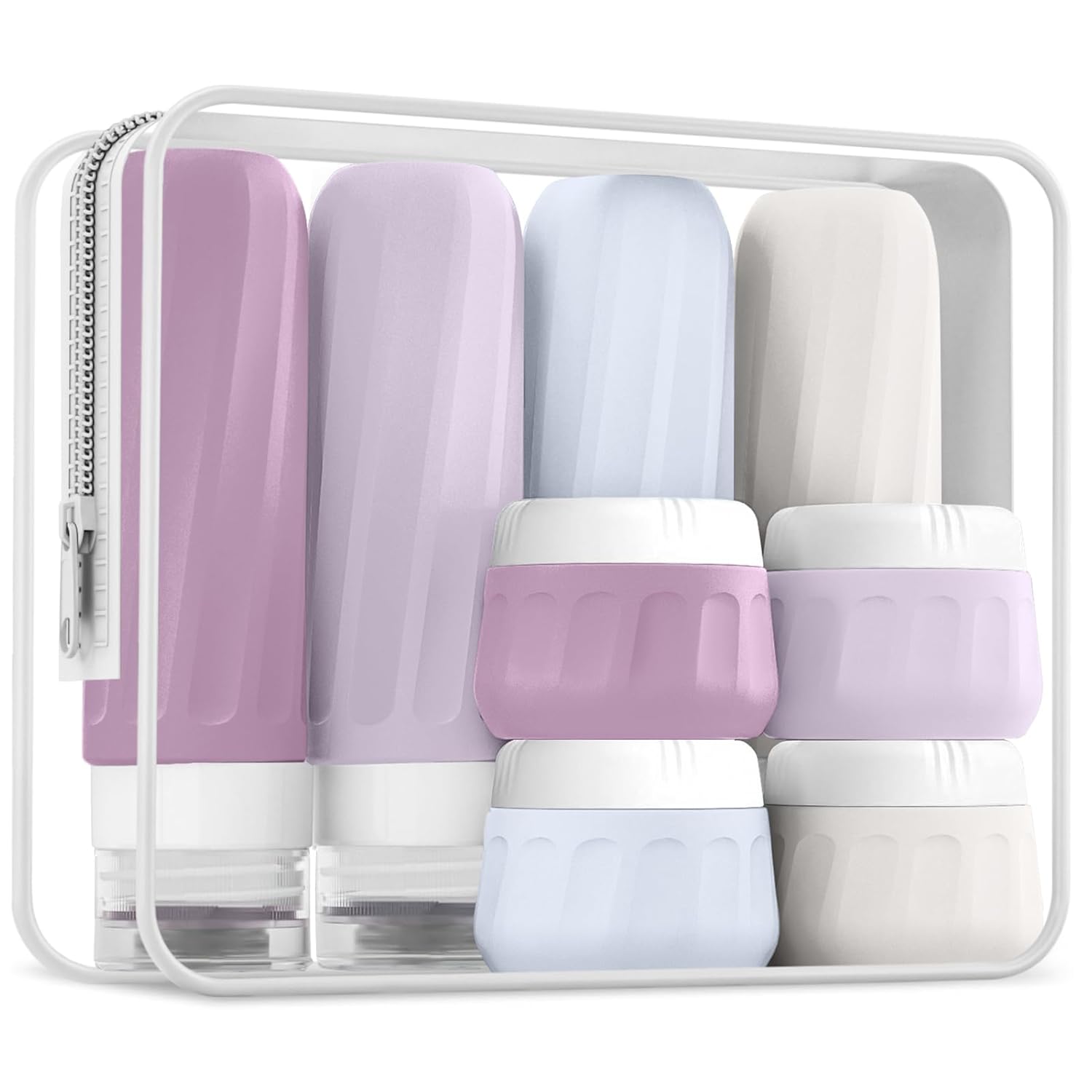 Travel Bottles for Toiletries 8 Pack, Travel Size Toiletries, Tsa Approved Travel Size Containers 3oz, with Travel Essentials Clear Bag, Leak Proof Silicone Squeezable Creams Jars