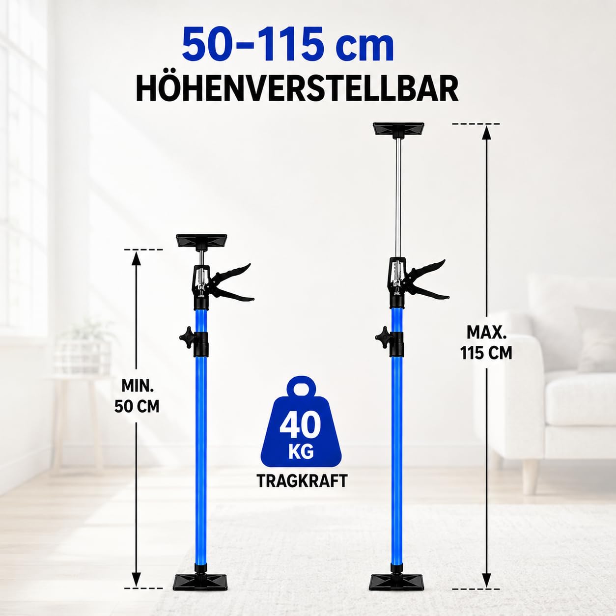 Deckenstütze 2 Stück 50 115 cm, Montagestütze Höhenverstellbar mit 40 kg Tragkraft, Zargenspanner mit 360 Grad Druckplatte für Schrankmontage, Türzargen, Trockenbau und Heimwerker
