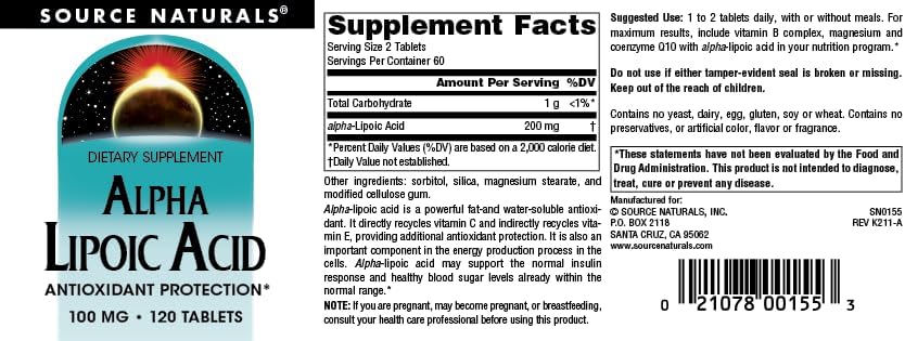 Source Naturals Alpha Lipoic Acid Supports Healthy Sugar Metabolism, Liver Function & Energy Generation* - 100 mg - 120 Tablets - Image 4