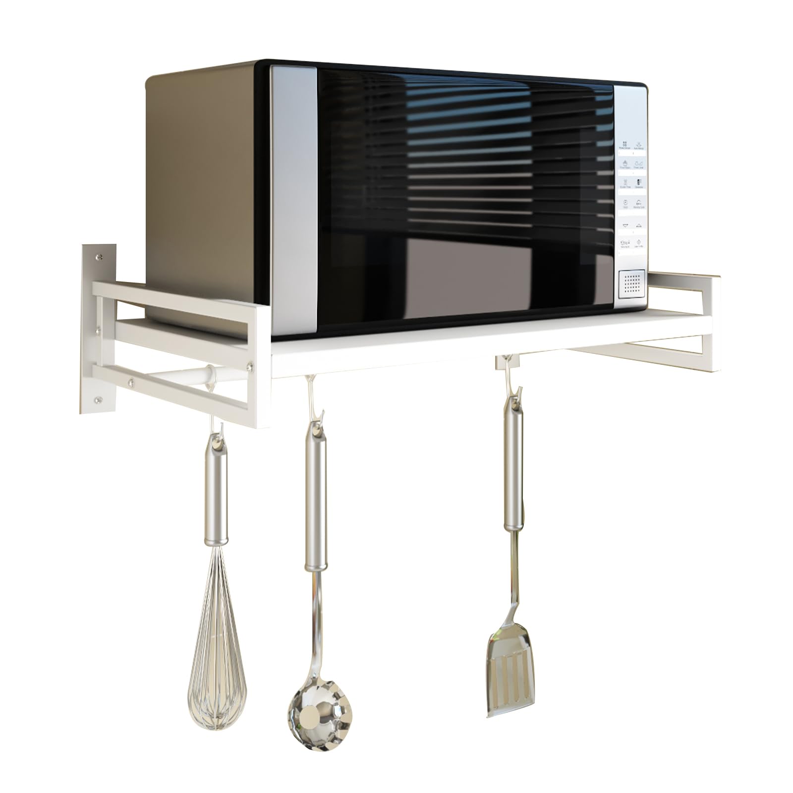 ABCOOL Wall Mount Microwave Oven Shelf Rack, White Carbon Steel Counter Countertop Holder with Hook Rail and 3 Slidable Hooks for Kitchen Home