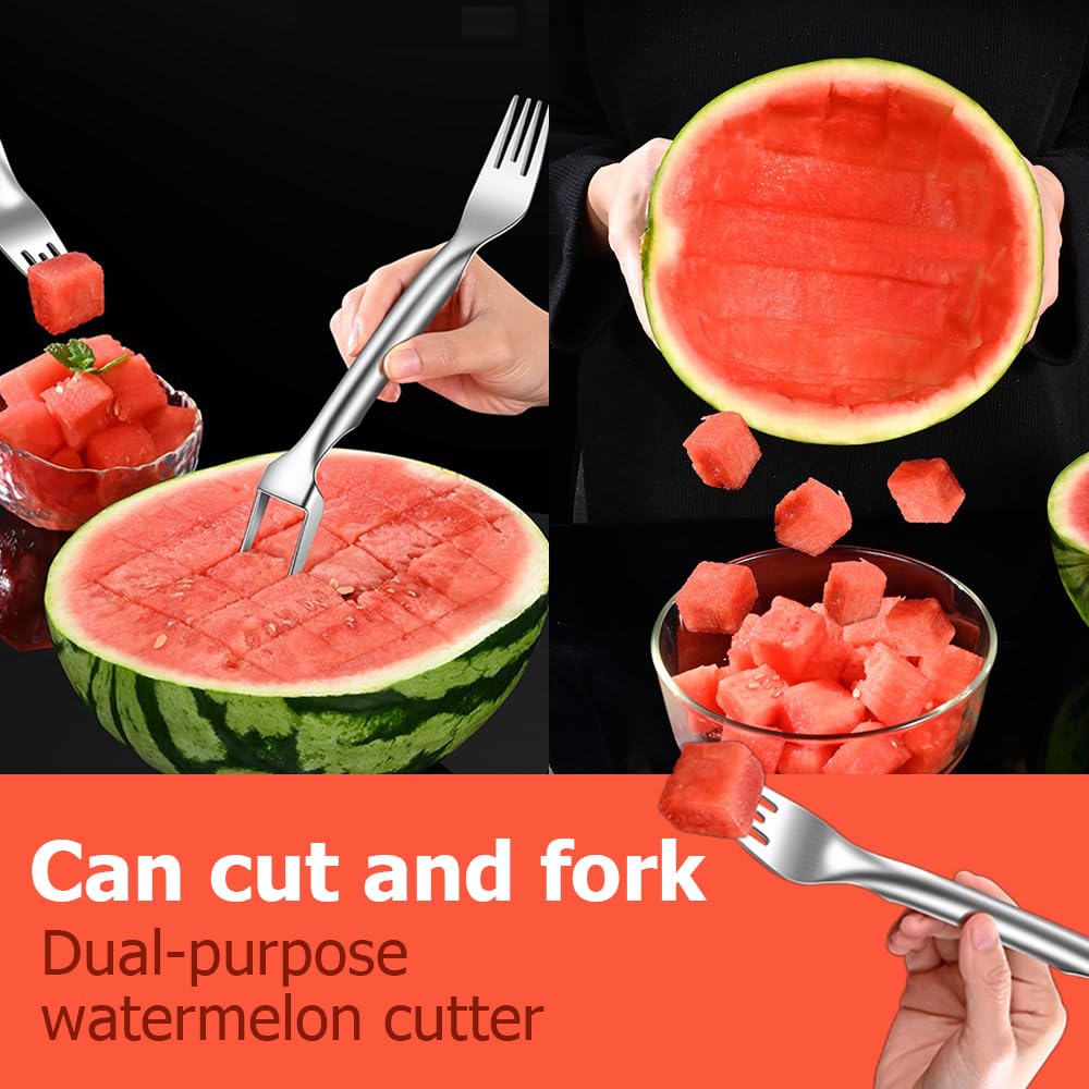 2-in-1 Watermelon Fork Slicer Cutter, 2025 New Stainless Steel Dual Head Fruit Cutter, Portable Watermelon Cutter Slicer Tool, Fruit Forks for Summer Home Kitchen Camping Party Use (1)