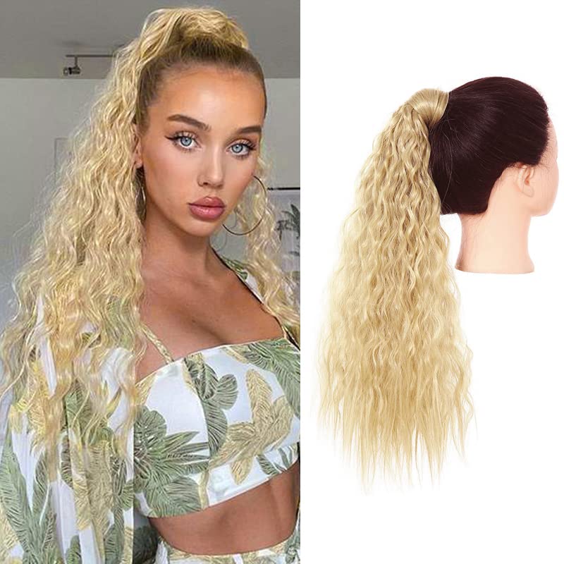 SARLA Ponytail Hair Extension Curly Wavy Synthetic Fake Wrap Around Pony Tail Long Hairpiece 22 Inch for White Women Heat Resistant Fiber Beach Blonde