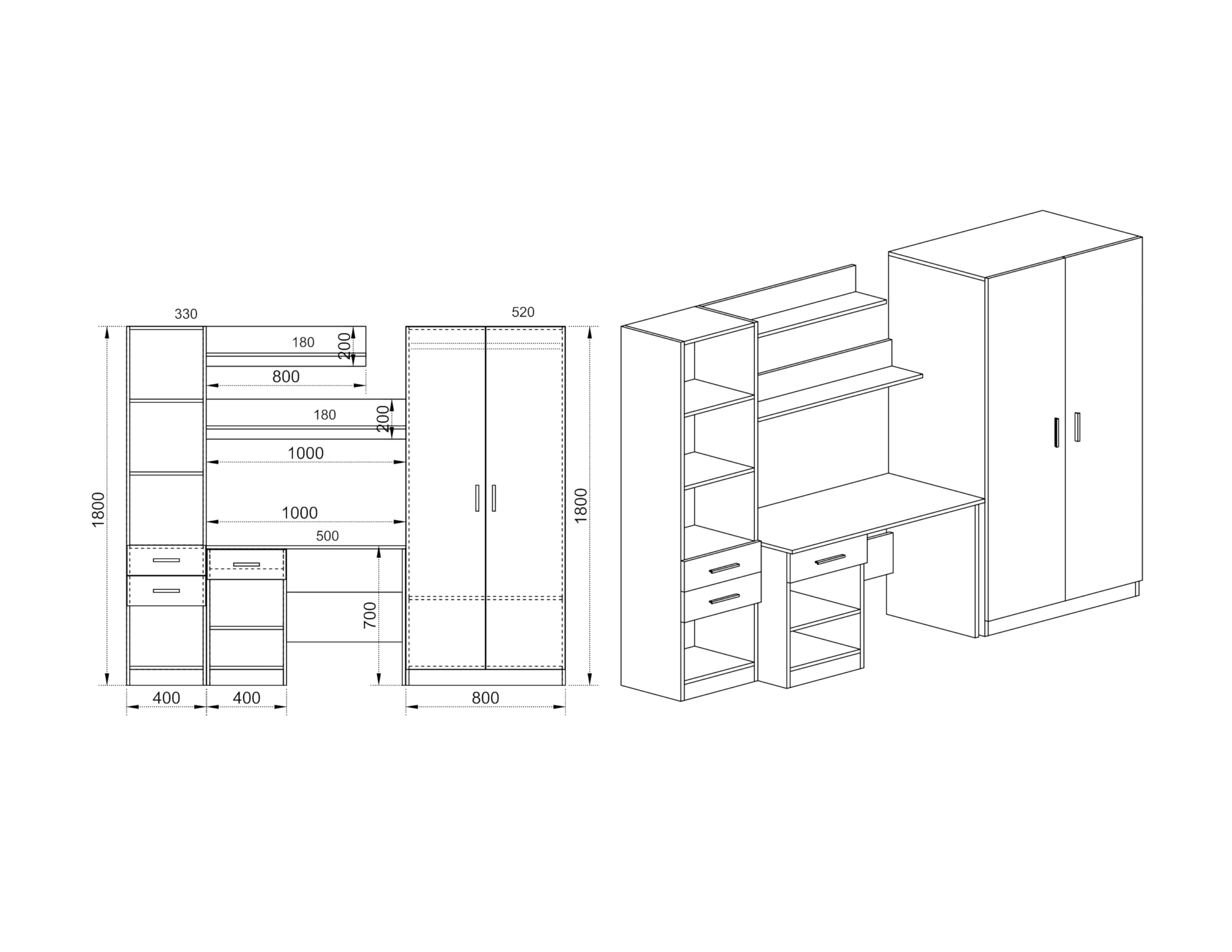 ARREDO DA CASA Scrivania Completa per Camerette con Armadio a 2 Ante Battenti 2 Mensole Mobiletto con 2 Cassetti e Ripiani Scrivania Computer Rovere e Antracite SCI23