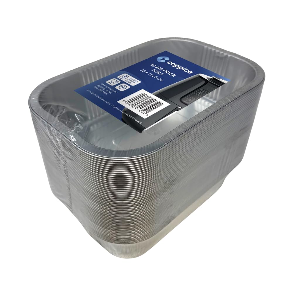 Coppice Robuste, rechteckige Aluminiumfolieschale für Luftfritteuse, Braten, Grillen, Grillen und Aufbewahrung von Lebensmitteln. 20 x 13 x 6 cmGefrierschrank-, mikrowellen- und ofenfest (50 Stück)