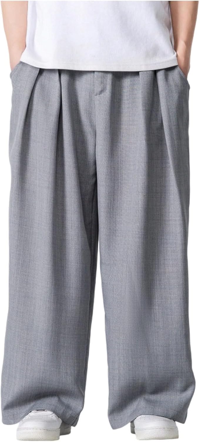 Men Cotton Linen Pants Pleated Front Elastic Waist Straight Outfits