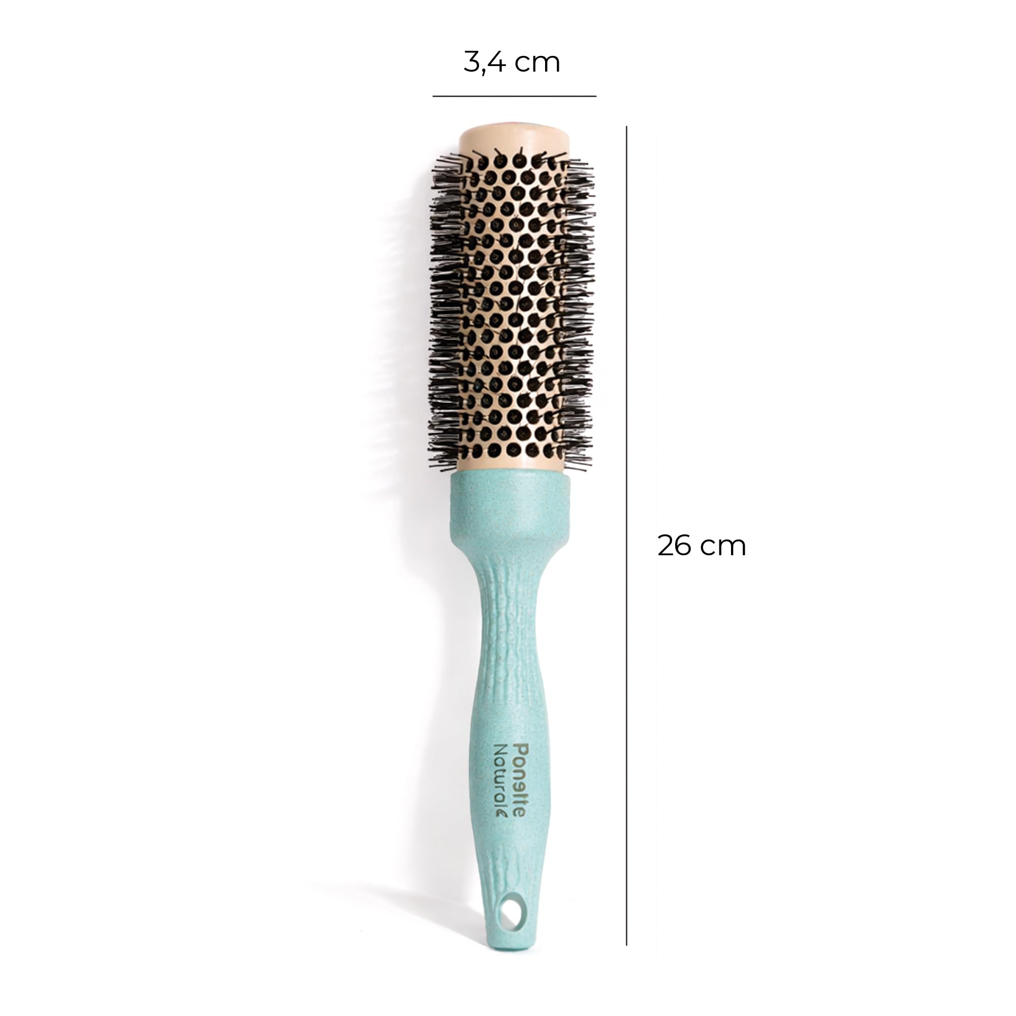 PONETTE NATURAL - Cepillo Térmico Redondo ECO de Aluminio con Revestimiento Cerámico de 34mm de Diámetro Verde Turquesa, Fabricado con Fibra Natural de Trigo, 100% Reciclable, Marca Española