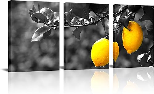 Nachic Wall Lienzo de cocina de 3 piezas, arte de pared de limón fresco, póster de frutas, arte moderno en blanco y negro, amarillo para decoración