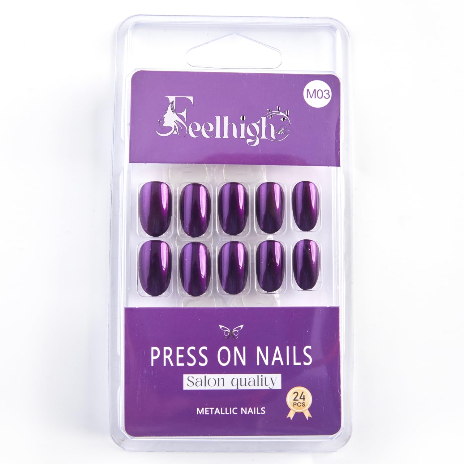 24pcs Press on Nails Short Oval, Chrome Round, Metallic Glue Tap on Acrylic, Almond Fake Nails With Design, Glitter False Nails in 12 Sizes (Dark Purple, Medium)-image-39